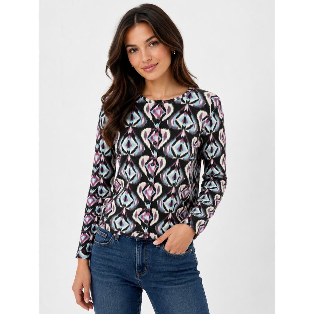 Tory Burch Merino Wool Geometric Print Cardigan Sweater Women's XL Designer Chic